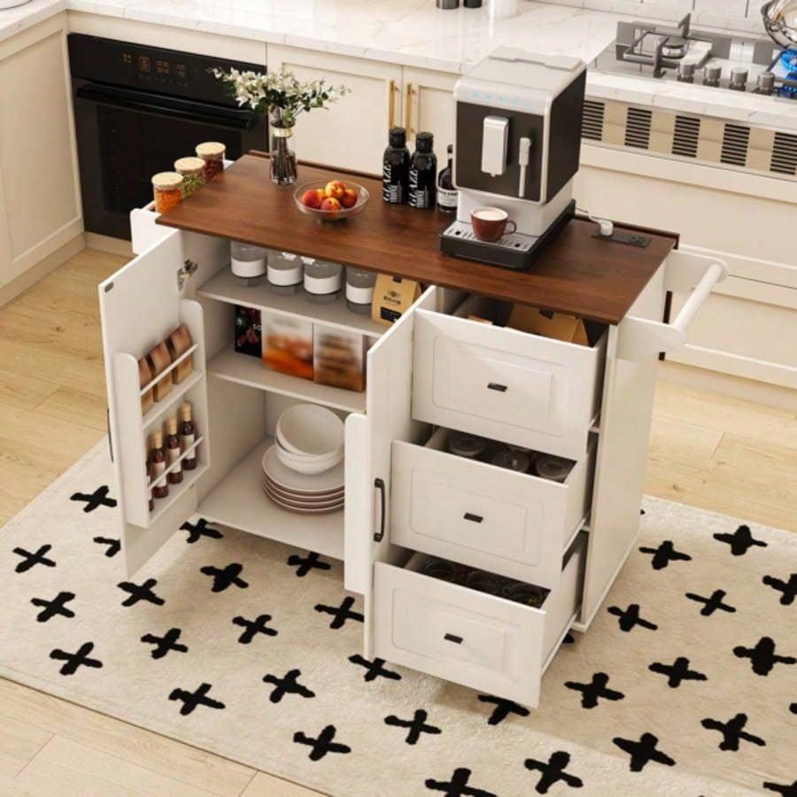 White Kitchen Island Cart with Foldable Tabletop Drop Leaf - Mobile Breakfast Bar on Wheels with Wood Top and Storage