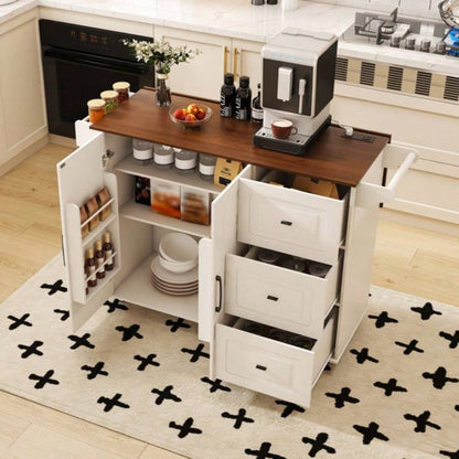 White Kitchen Island Cart with Foldable Tabletop Drop Leaf - Mobile Breakfast Bar on Wheels with Wood Top and Storage