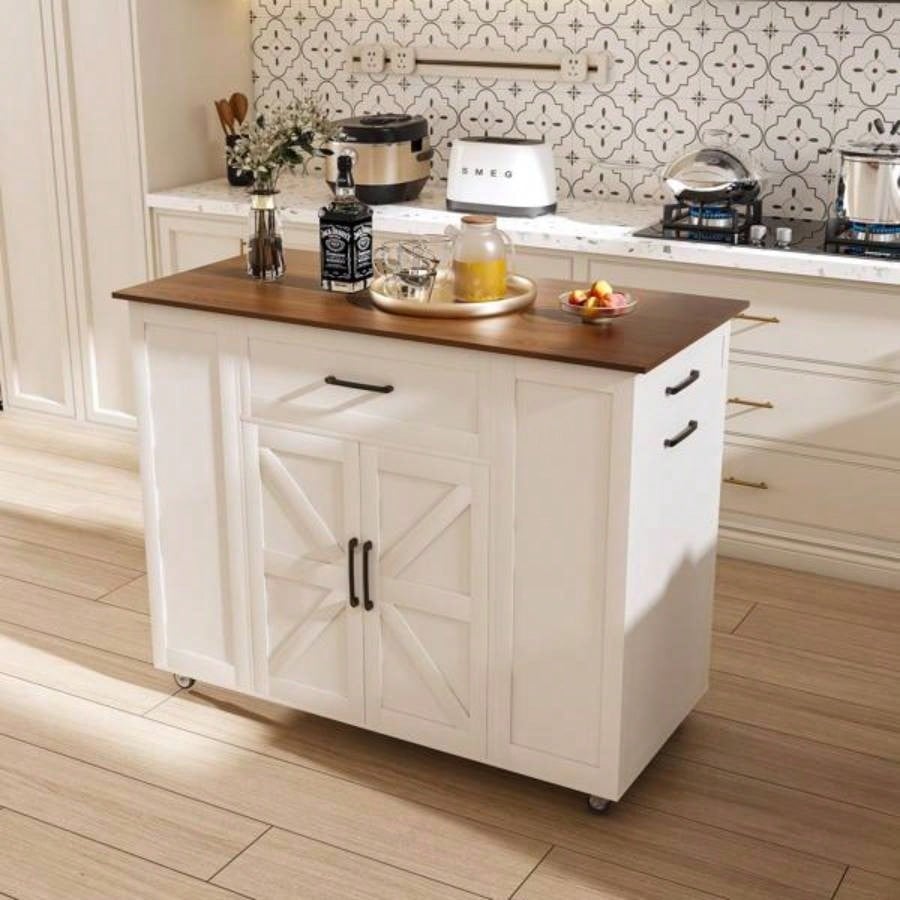 46 Kitchen Island on Wheels with Storage Power Outlet - Movable Rustic Breakfast Bar Table, Wood Top with Adjustable Shelf Drawer Kitchen Dining Living Room, White