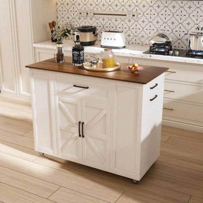 46 Kitchen Island on Wheels with Storage Power Outlet - Movable Rustic Breakfast Bar Table, Wood Top with Adjustable Shelf Drawer Kitchen Dining Living Room, White