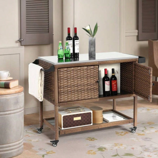 Outdoor Wicker Bar Cart, Patio Wine Serving Cart/Wheels, Rolling Rattan Beverage Bar Counter Table/Glass Top Porch Backyard Garden Poolside Party, Brown