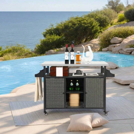 Large bar cart, Outdoor Kitchen Wicker Island Rolling Cart Storage Cabinet, Wheels and Stainless Steel Extended Table Top, Side Handle Patio Kitchen or Bar Cart,