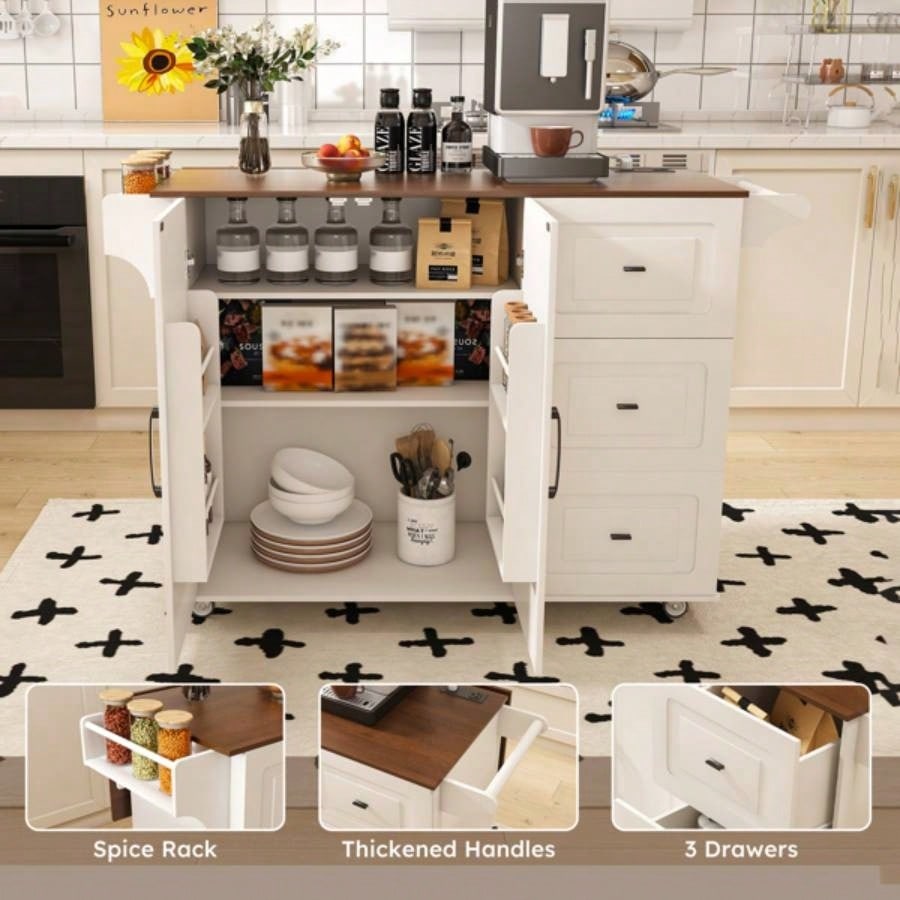 White Kitchen Island Cart with Foldable Tabletop Drop Leaf - Mobile Breakfast Bar on Wheels with Wood Top and Storage