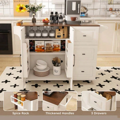 White Kitchen Island Cart with Foldable Tabletop Drop Leaf - Mobile Breakfast Bar on Wheels with Wood Top and Storage