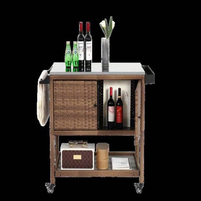 Outdoor Wicker Bar Cart, Patio Wine Serving Cart/Wheels, Rolling Rattan Beverage Bar Counter Table/Glass Top Porch Backyard Garden Poolside Party, Brown