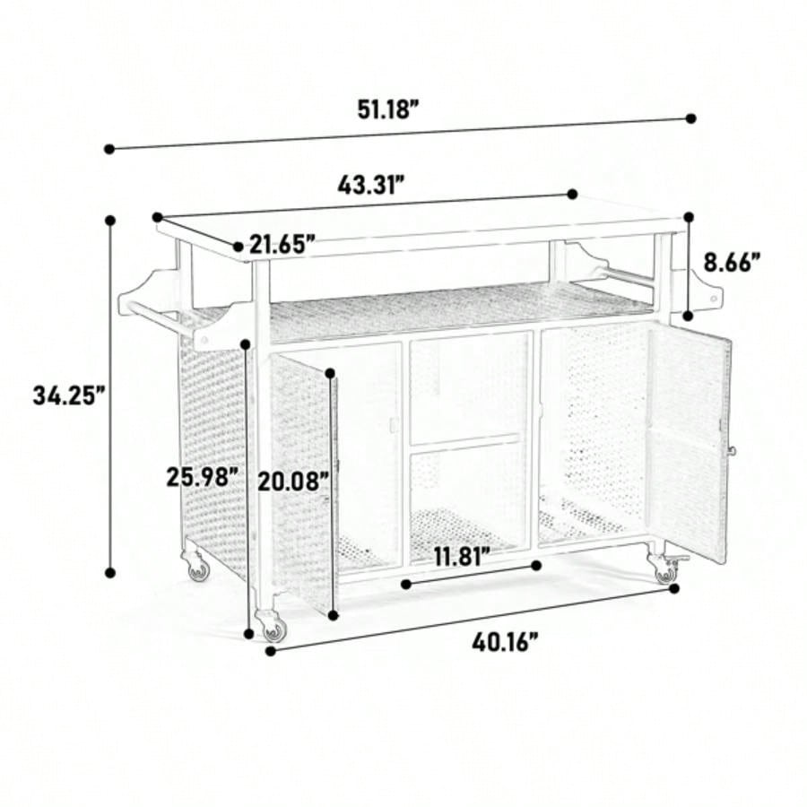 Large bar cart, Outdoor Kitchen Wicker Island Rolling Cart Storage Cabinet, Wheels and Stainless Steel Extended Table Top, Side Handle Patio Kitchen or Bar Cart,