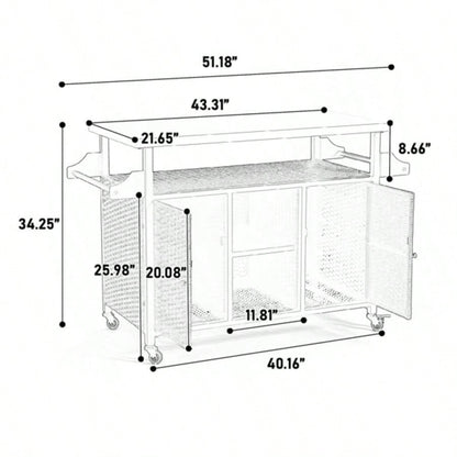 Large bar cart, Outdoor Kitchen Wicker Island Rolling Cart Storage Cabinet, Wheels and Stainless Steel Extended Table Top, Side Handle Patio Kitchen or Bar Cart,