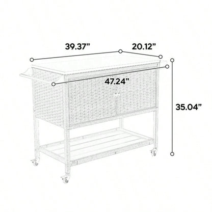 Outdoor Wicker Bar Cart, Patio Wine Serving Cart/Wheels, Rolling Rattan Beverage Bar Counter Table/Glass Top Porch Backyard Garden Poolside Party, Brown