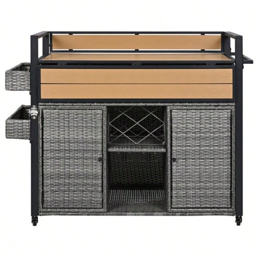 52.8 Wicker Outdoor Grill Cart with Extended Plastic Wood Table Top, Rolling Kitchen Island on Wheels with Storage Cabinet, Patio Backyard Garden Poolside, Double Handle Design,