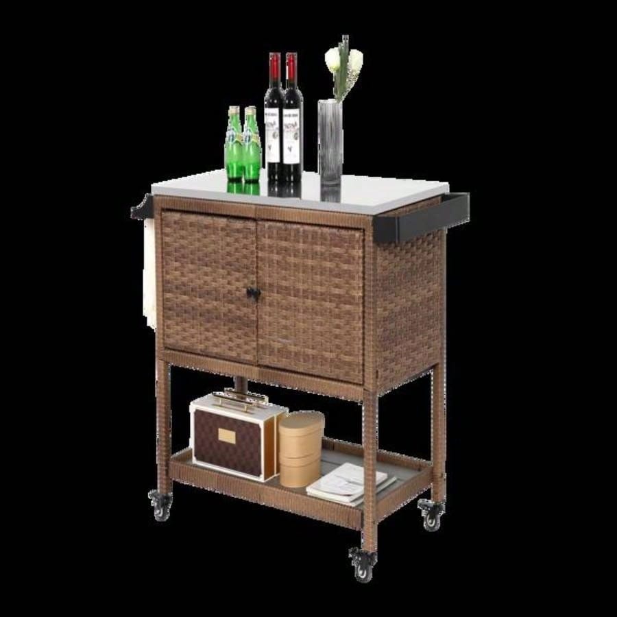 Outdoor Wicker Bar Cart, Patio Wine Serving Cart/Wheels, Rolling Rattan Beverage Bar Counter Table/Glass Top Porch Backyard Garden Poolside Party, Brown