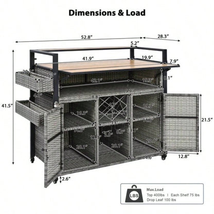 52.8 Wicker Outdoor Grill Cart with Extended Plastic Wood Table Top, Rolling Kitchen Island on Wheels with Storage Cabinet, Patio Backyard Garden Poolside, Double Handle Design,