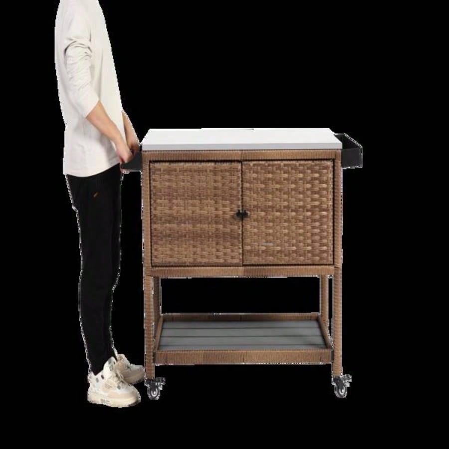 Outdoor Wicker Bar Cart, Patio Wine Serving Cart/Wheels, Rolling Rattan Beverage Bar Counter Table/Glass Top Porch Backyard Garden Poolside Party, Brown