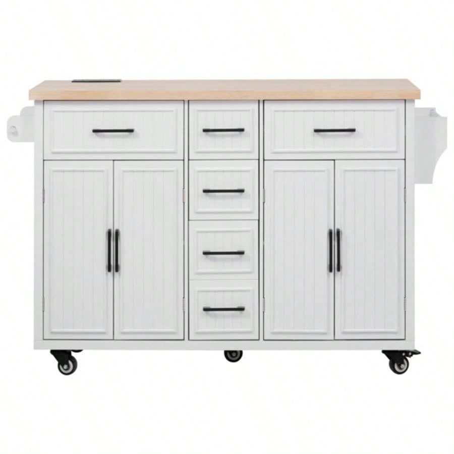 56.539; 39; Kitchen Island with Drop Leaf, Power Outlet, Embossed Vertical Stripe Rolling Kitchen Cart on Wheels with 4 Doors, 5 Deep Drawers and Adjustable Shelves, Kitchen, Dining Room, White
