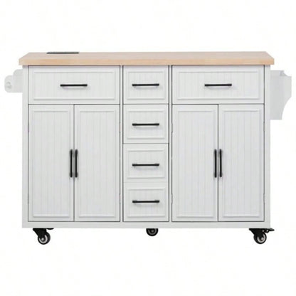 56.539; 39; Kitchen Island with Drop Leaf, Power Outlet, Embossed Vertical Stripe Rolling Kitchen Cart on Wheels with 4 Doors, 5 Deep Drawers and Adjustable Shelves, Kitchen, Dining Room, White