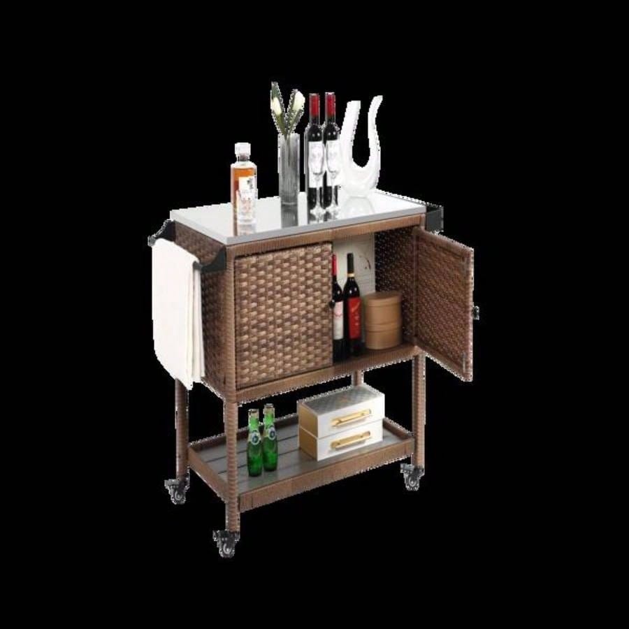 Outdoor Wicker Bar Cart, Patio Wine Serving Cart/Wheels, Rolling Rattan Beverage Bar Counter Table/Glass Top Porch Backyard Garden Poolside Party, Brown