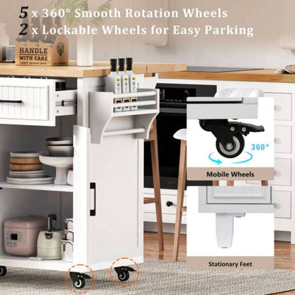 56.539; 39; Kitchen Island with Drop Leaf, Power Outlet, Embossed Vertical Stripe Rolling Kitchen Cart on Wheels with 4 Doors, 5 Deep Drawers and Adjustable Shelves, Kitchen, Dining Room, White