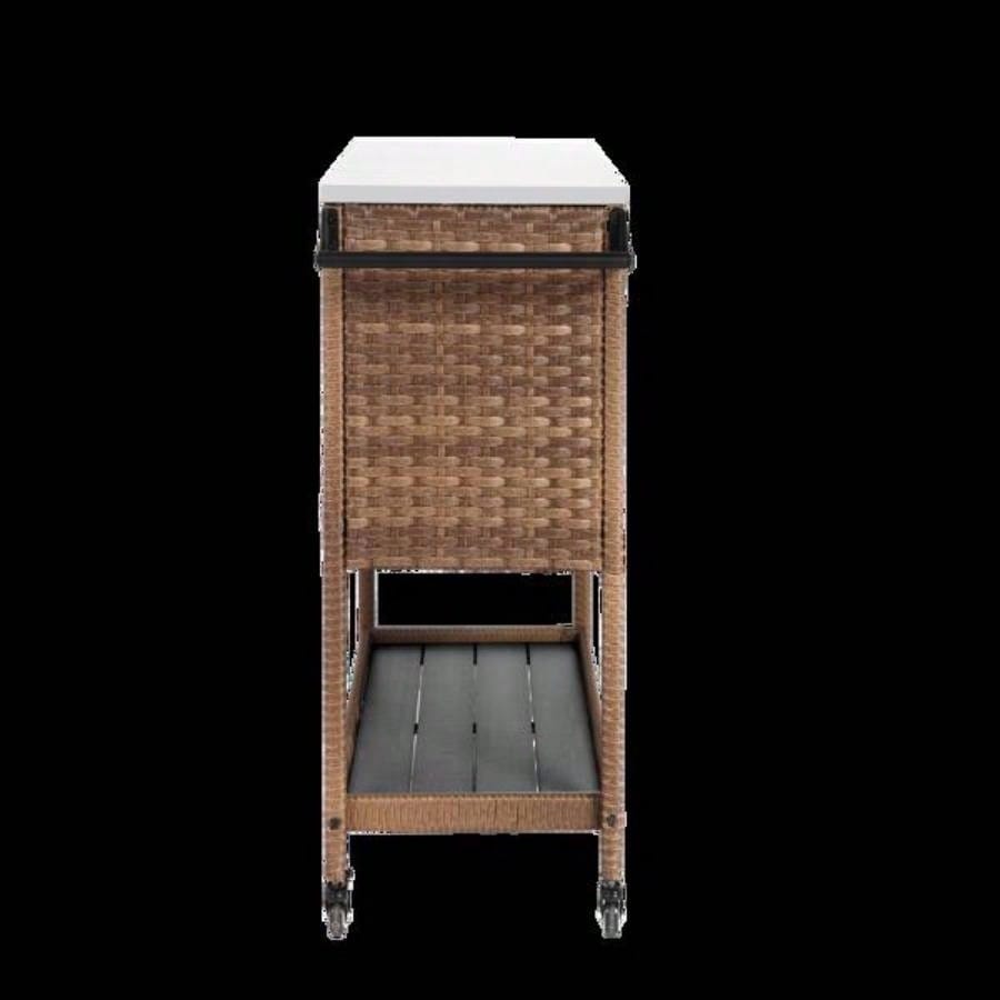 Outdoor Wicker Bar Cart, Patio Wine Serving Cart/Wheels, Rolling Rattan Beverage Bar Counter Table/Glass Top Porch Backyard Garden Poolside Party, Brown