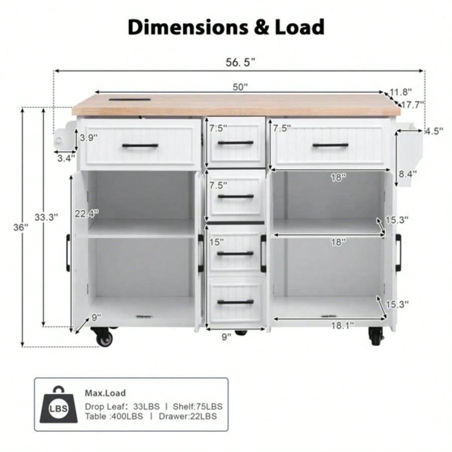 56.539; 39; Kitchen Island with Drop Leaf, Power Outlet, Embossed Vertical Stripe Rolling Kitchen Cart on Wheels with 4 Doors, 5 Deep Drawers and Adjustable Shelves, Kitchen, Dining Room, White