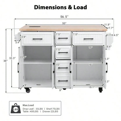 56.539; 39; Kitchen Island with Drop Leaf, Power Outlet, Embossed Vertical Stripe Rolling Kitchen Cart on Wheels with 4 Doors, 5 Deep Drawers and Adjustable Shelves, Kitchen, Dining Room, White