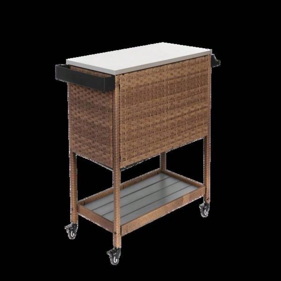 Outdoor Wicker Bar Cart, Patio Wine Serving Cart/Wheels, Rolling Rattan Beverage Bar Counter Table/Glass Top Porch Backyard Garden Poolside Party, Brown