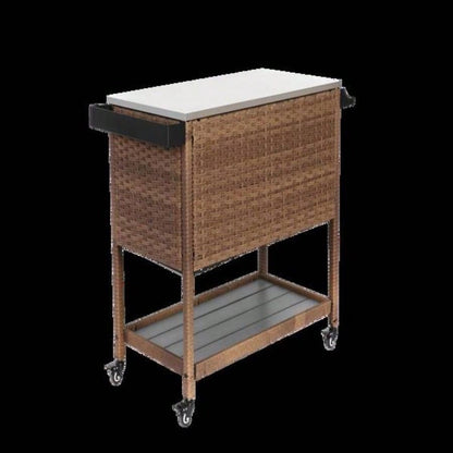 Outdoor Wicker Bar Cart, Patio Wine Serving Cart/Wheels, Rolling Rattan Beverage Bar Counter Table/Glass Top Porch Backyard Garden Poolside Party, Brown