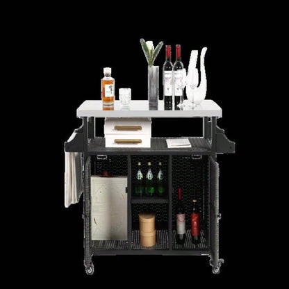 Large bar cart, Outdoor Kitchen Wicker Island Rolling Cart Storage Cabinet, Wheels and Stainless Steel Extended Table Top, Side Handle Patio Kitchen or Bar Cart,