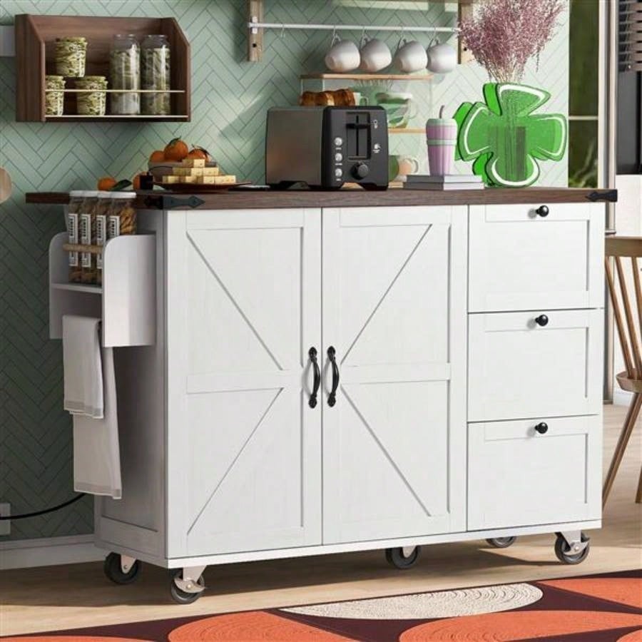 54.5 Farmhouse Kitchen Island with Power Outlet, Kitchen Storage Island with Internal Storage Rack, Drop Leaf, Spice Rack, Rolling Kitchen Cart on Wheels, Home, Kitchen and Dining Room, White