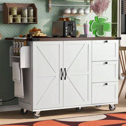 54.5 Farmhouse Kitchen Island with Power Outlet, Kitchen Storage Island with Internal Storage Rack, Drop Leaf, Spice Rack, Rolling Kitchen Cart on Wheels, Home, Kitchen and Dining Room, White