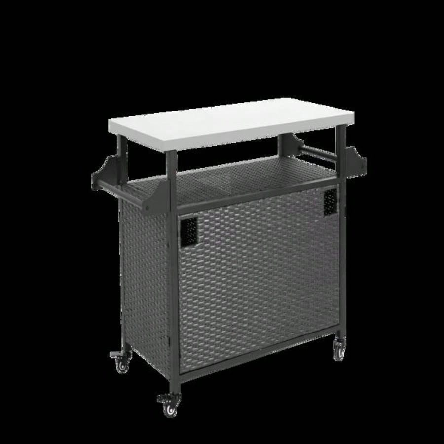 Large bar cart, Outdoor Kitchen Wicker Island Rolling Cart Storage Cabinet, Wheels and Stainless Steel Extended Table Top, Side Handle Patio Kitchen or Bar Cart,