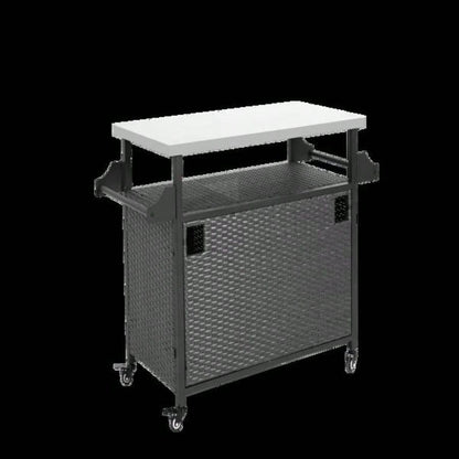 Large bar cart, Outdoor Kitchen Wicker Island Rolling Cart Storage Cabinet, Wheels and Stainless Steel Extended Table Top, Side Handle Patio Kitchen or Bar Cart,