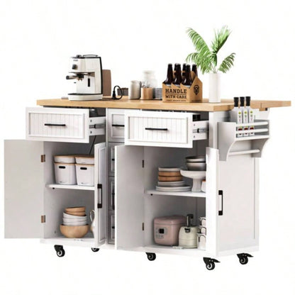 56.539; 39; Kitchen Island with Drop Leaf, Power Outlet, Embossed Vertical Stripe Rolling Kitchen Cart on Wheels with 4 Doors, 5 Deep Drawers and Adjustable Shelves, Kitchen, Dining Room, White