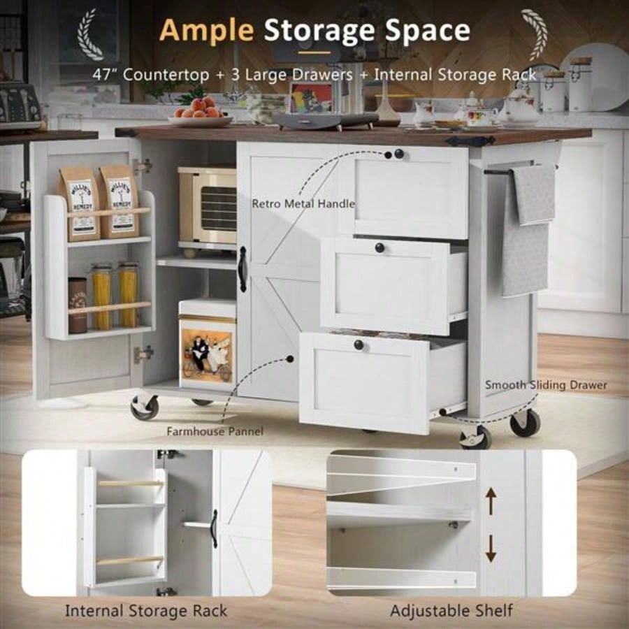 54.5 Farmhouse Kitchen Island with Power Outlet, Kitchen Storage Island with Internal Storage Rack, Drop Leaf, Spice Rack, Rolling Kitchen Cart on Wheels, Home, Kitchen and Dining Room, White