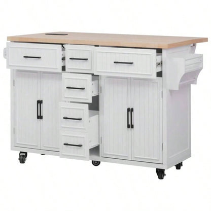 56.539; 39; Kitchen Island with Drop Leaf, Power Outlet, Embossed Vertical Stripe Rolling Kitchen Cart on Wheels with 4 Doors, 5 Deep Drawers and Adjustable Shelves, Kitchen, Dining Room, White