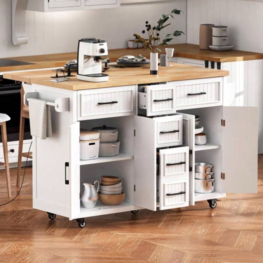 56.539; 39; Kitchen Island with Drop Leaf, Power Outlet, Embossed Vertical Stripe Rolling Kitchen Cart on Wheels with 4 Doors, 5 Deep Drawers and Adjustable Shelves, Kitchen, Dining Room, White