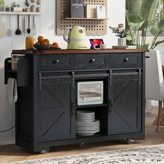 53. Farmhouse Kitchen Island with Power Outlet, 2 Sliding Barn Door Kitchen Storage Island with Drop Leaf, Spice Rack Rolling Kitchen Cart on Wheels, Home, Kitchen and Dining Room, Black