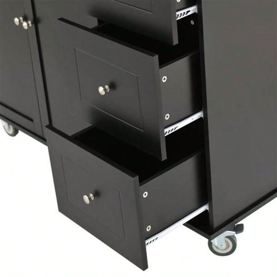 Rolling Mobile Kitchen Island with Solid Wood Top and Locking Wheels, 52. Inch Width, Storage Cabinet and Drop Leaf Breakfast Bar, Spice Rack, Towel Rack Drawer Black
