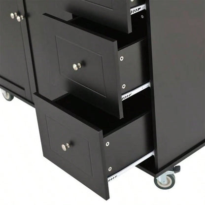 Rolling Mobile Kitchen Island with Solid Wood Top and Locking Wheels, 52. Inch Width, Storage Cabinet and Drop Leaf Breakfast Bar, Spice Rack, Towel Rack Drawer Black