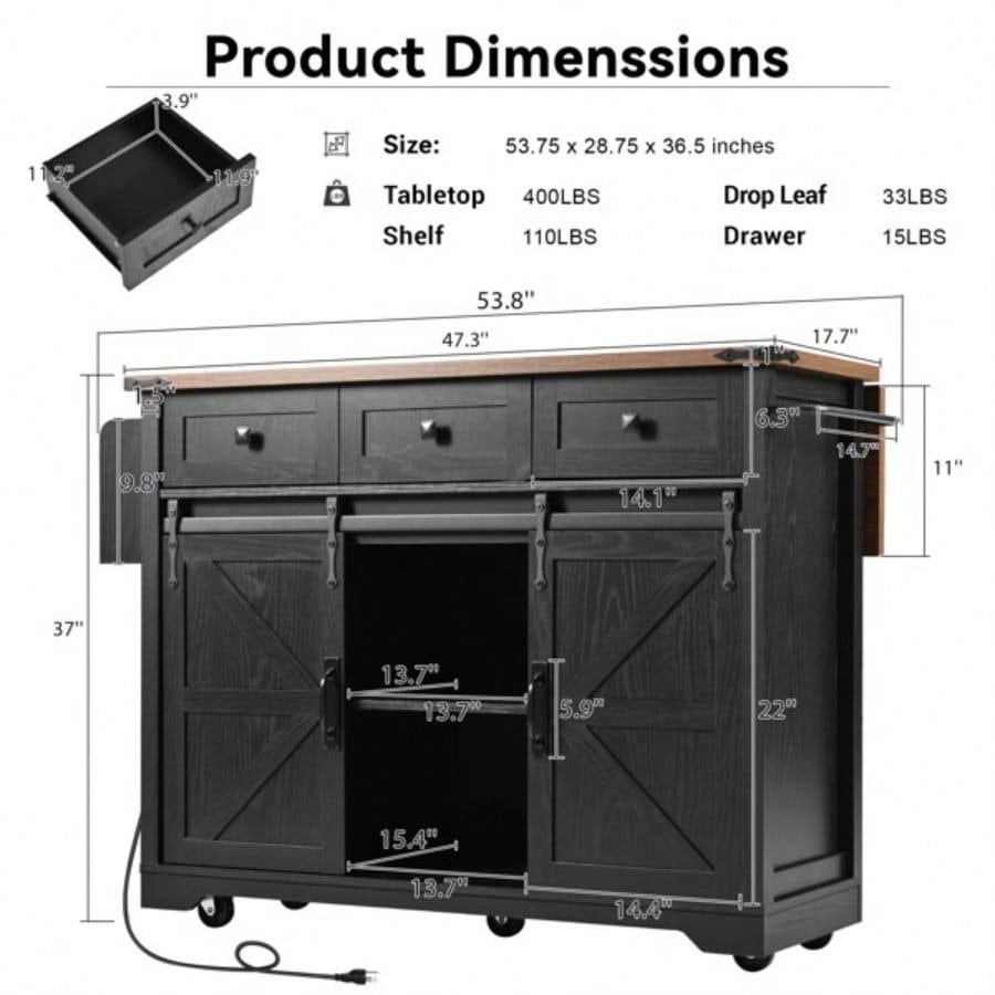53. Farmhouse Kitchen Island with Power Outlet, 2 Sliding Barn Door Kitchen Storage Island with Drop Leaf, Spice Rack Rolling Kitchen Cart on Wheels, Home, Kitchen and Dining Room, Black