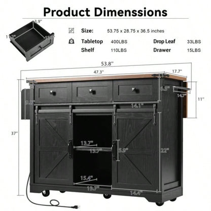 53. Farmhouse Kitchen Island with Power Outlet, 2 Sliding Barn Door Kitchen Storage Island with Drop Leaf, Spice Rack Rolling Kitchen Cart on Wheels, Home, Kitchen and Dining Room, Black
