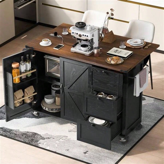 54.5 Farmhouse Kitchen Island with Power Outlet, Kitchen Storage Island with Internal Storage Rack, Drop Leaf, Spice Rack, Rolling Kitchen Cart on Wheels, Home, Kitchen and Dining Room, Black