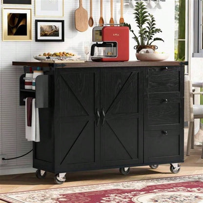 54.5 Farmhouse Kitchen Island with Power Outlet, Kitchen Storage Island with Internal Storage Rack, Drop Leaf, Spice Rack, Rolling Kitchen Cart on Wheels, Home, Kitchen and Dining Room, Black