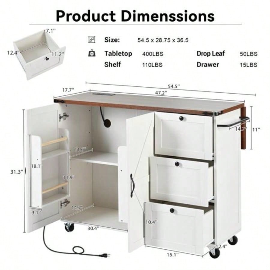54.5 Farmhouse Kitchen Island with Power Outlet, Kitchen Storage Island with Internal Storage Rack, Drop Leaf, Spice Rack, Rolling Kitchen Cart on Wheels, Home, Kitchen and Dining Room, White