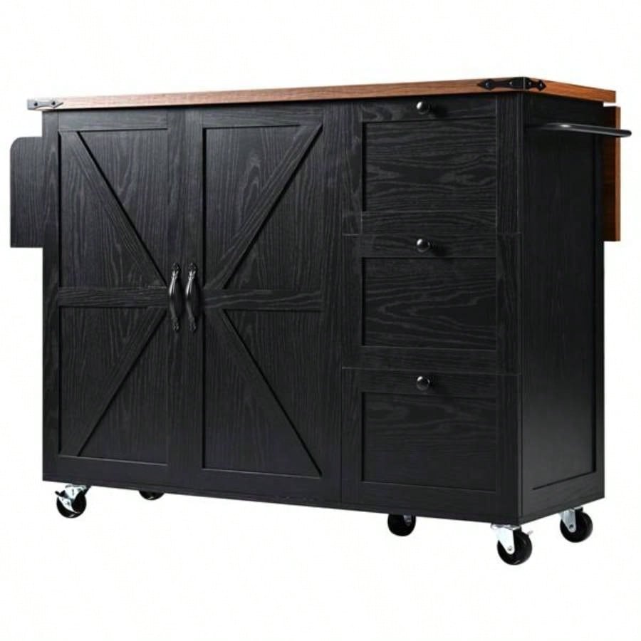 54.5 Farmhouse Kitchen Island with Power Outlet, Kitchen Storage Island with Internal Storage Rack, Drop Leaf, Spice Rack, Rolling Kitchen Cart on Wheels, Home, Kitchen and Dining Room, Black
