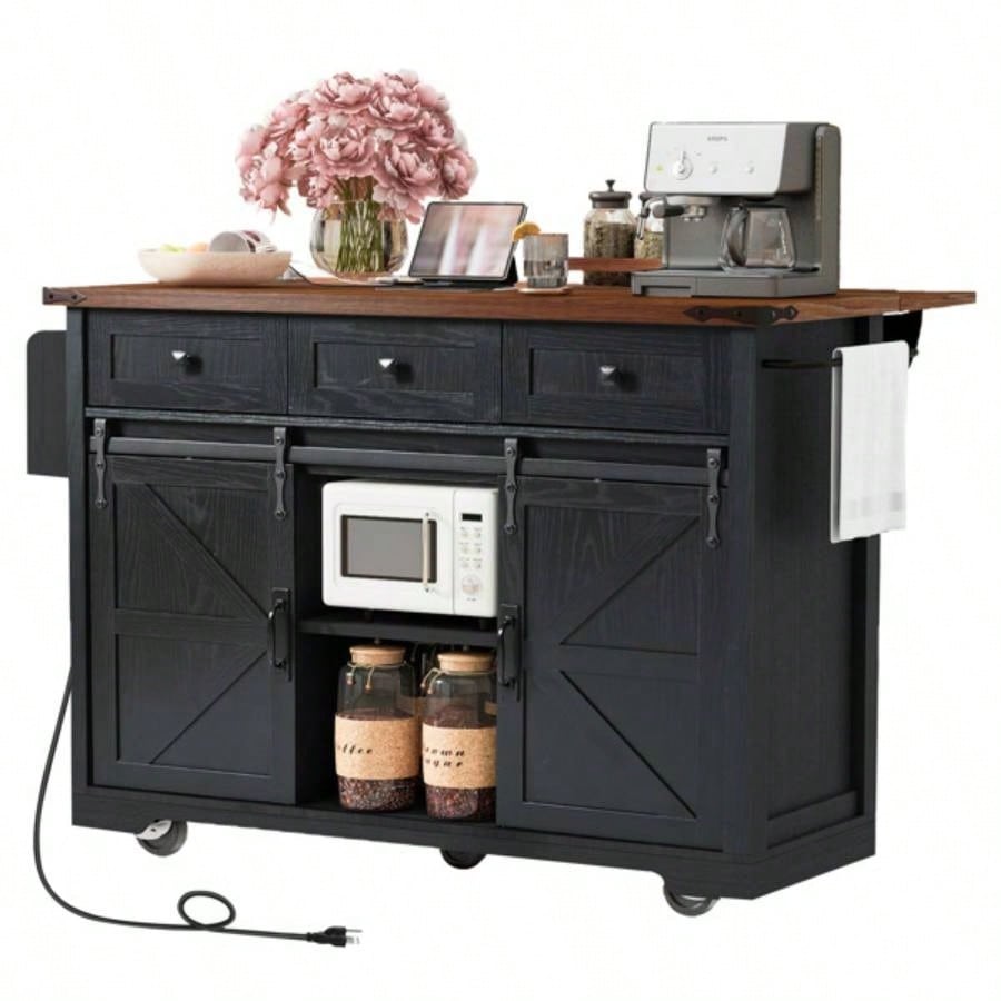 53. Farmhouse Kitchen Island with Power Outlet, 2 Sliding Barn Door Kitchen Storage Island with Drop Leaf, Spice Rack Rolling Kitchen Cart on Wheels, Home, Kitchen and Dining Room, Black