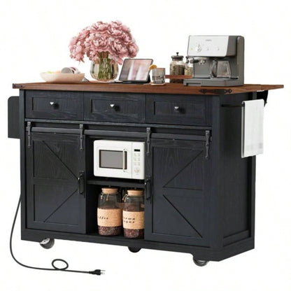 53. Farmhouse Kitchen Island with Power Outlet, 2 Sliding Barn Door Kitchen Storage Island with Drop Leaf, Spice Rack Rolling Kitchen Cart on Wheels, Home, Kitchen and Dining Room, Black