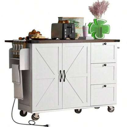 54.5 Farmhouse Kitchen Island with Power Outlet, Kitchen Storage Island with Internal Storage Rack, Drop Leaf, Spice Rack, Rolling Kitchen Cart on Wheels, Home, Kitchen and Dining Room, White