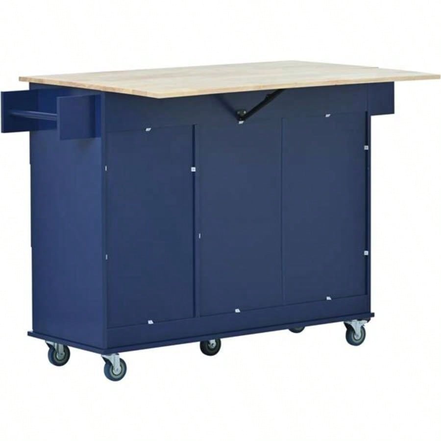Rolling Mobile Kitchen Island with Drop Leaf - Solid Wood Top, Locking Wheels Storage Cabinet 52. Inch WidthDark blue