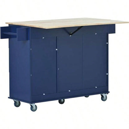 Rolling Mobile Kitchen Island with Drop Leaf - Solid Wood Top, Locking Wheels Storage Cabinet 52. Inch WidthDark blue