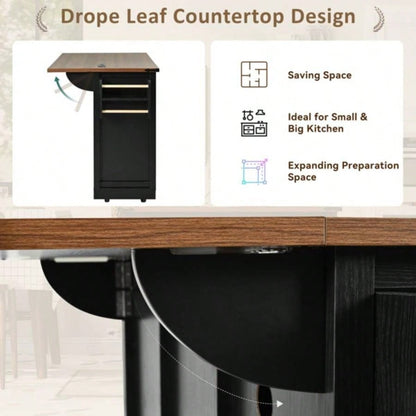 53. Farmhouse Kitchen Island with Power Outlet, 2 Sliding Barn Door Kitchen Storage Island with Drop Leaf, Spice Rack Rolling Kitchen Cart on Wheels, Home, Kitchen and Dining Room, Black