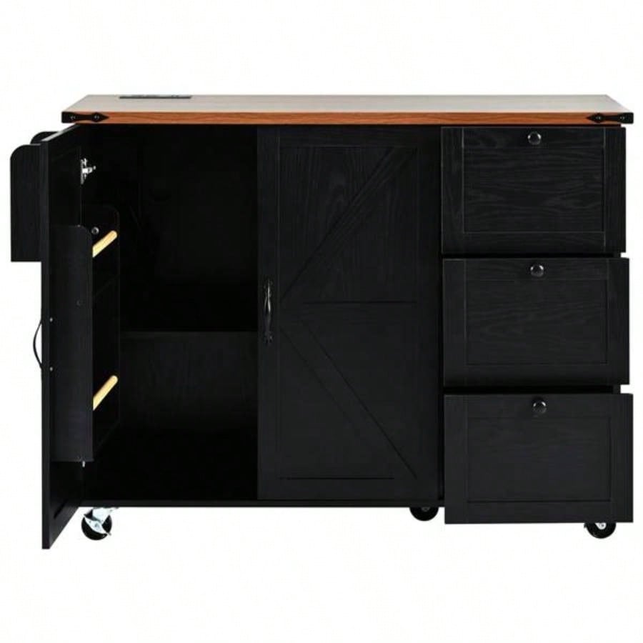 54.5 Farmhouse Kitchen Island with Power Outlet, Kitchen Storage Island with Internal Storage Rack, Drop Leaf, Spice Rack, Rolling Kitchen Cart on Wheels, Home, Kitchen and Dining Room, Black